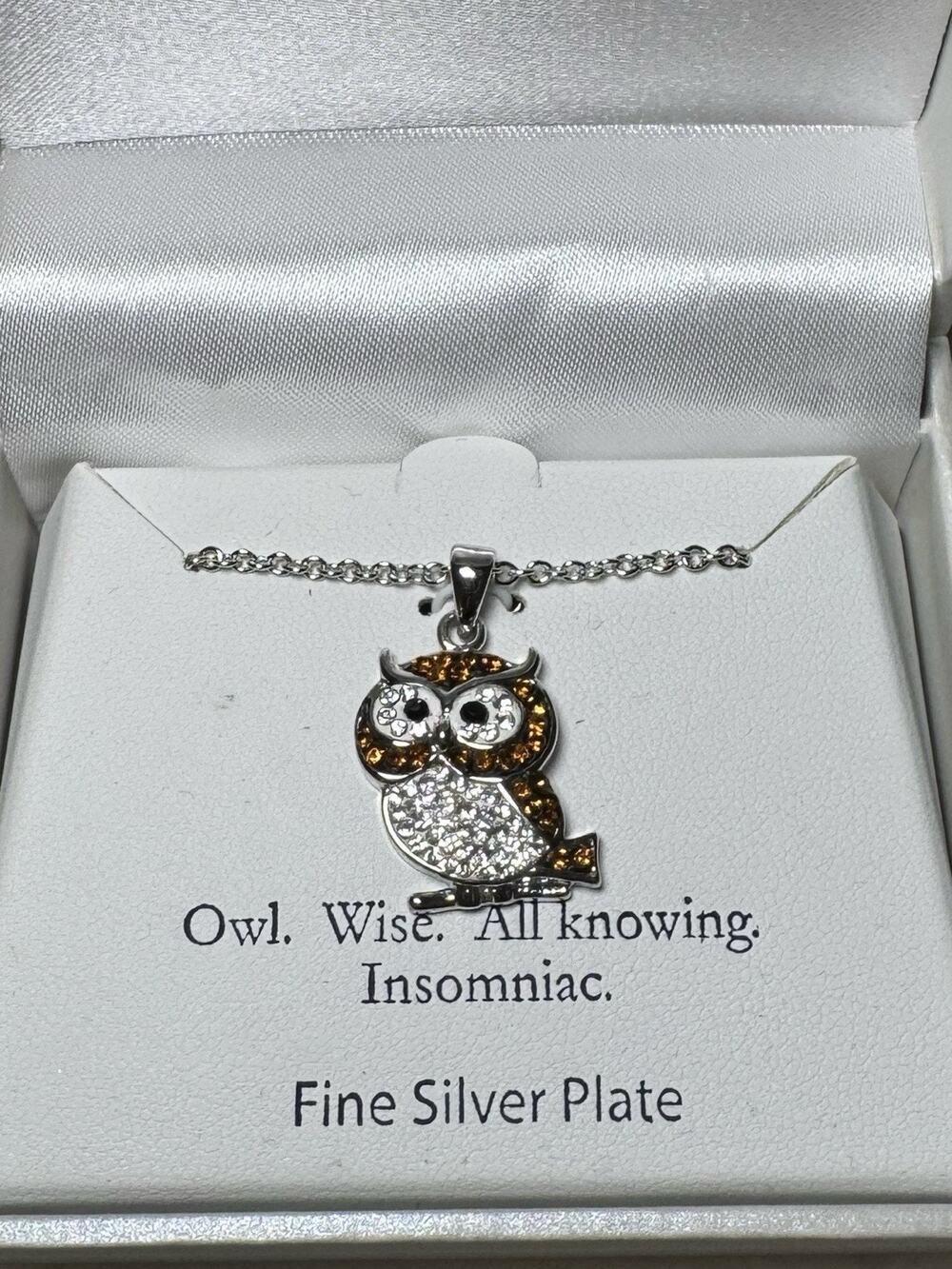 16" Silver Tone Crystal Owl Pendant Necklace New in Box
